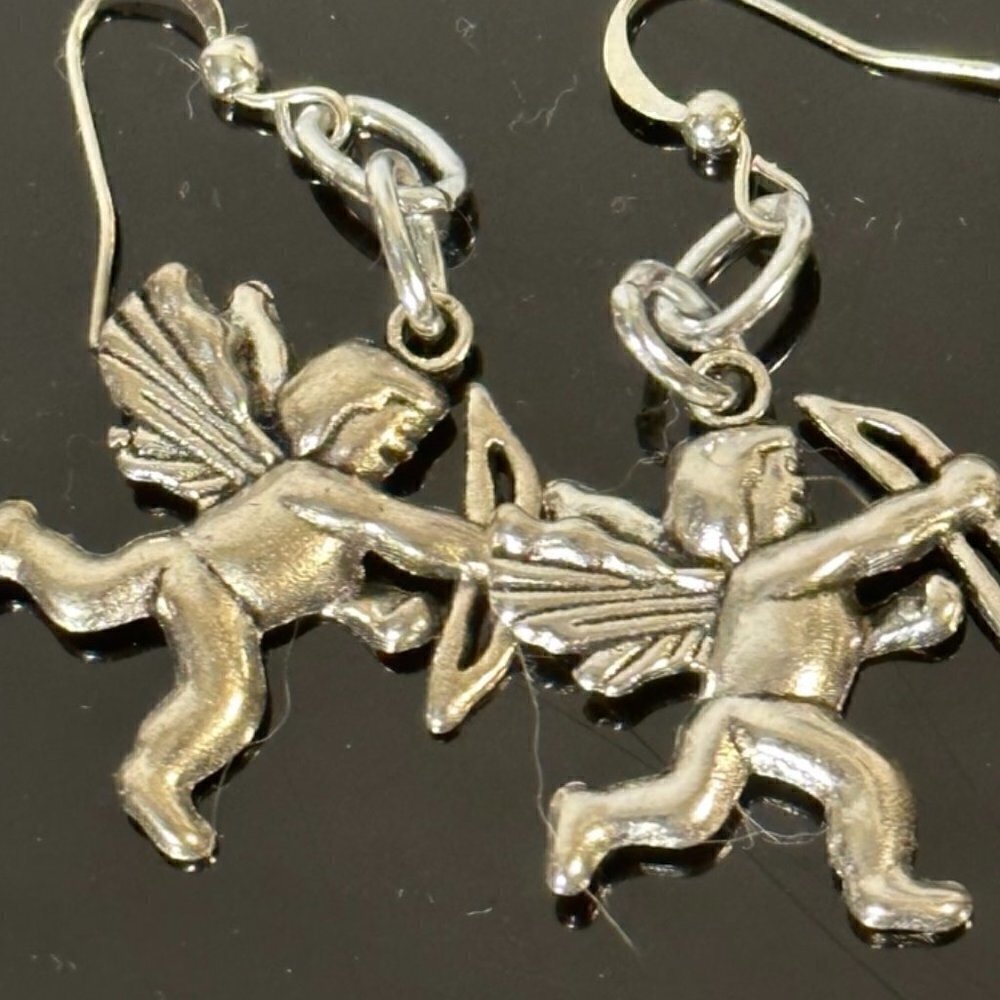 Cherub Angel Cupid Earrings Drop Dangle Silver Lightweight Baroque Gift Xmas